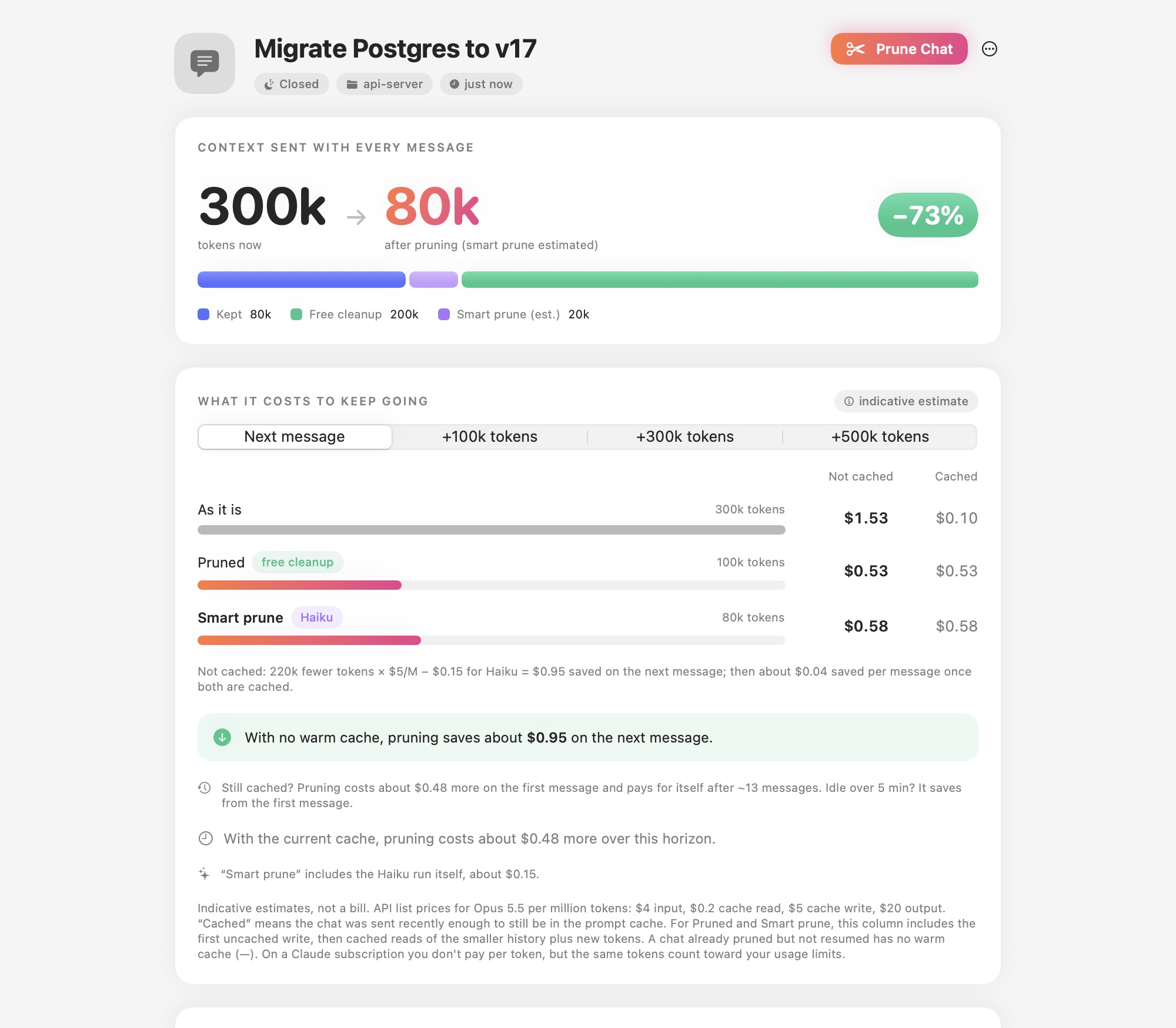 CCPrune with synthetic demo chats, context preview and indicative cost estimates