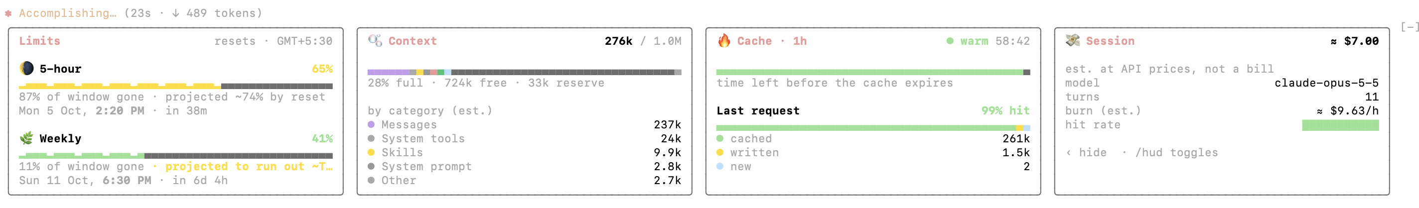 Limits, Context, Cache and Session cards with demo usage